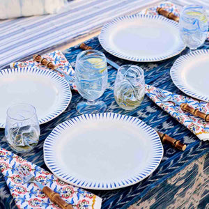 Juliska Sitio Stripe Delft Blue Dinner Plate spread puro marbled blue goblet