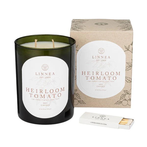 linnea candle heirloom tomato dark green glass white candle two wick