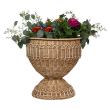 Load image into Gallery viewer, Juliska Provence Rattan Whitewash Urn medium with flowers
