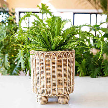 Load image into Gallery viewer, Juliska Provence Rattan Whitewash Round Planter outside with greenery
