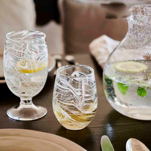 Juliska Puro Marbled White Stemless Wine with pitcher and goblet