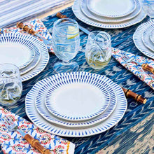 Load image into Gallery viewer, Juliska Sitio Stripe Delft Blue place setting marbled puro blue wine glasses bamboo flatware
