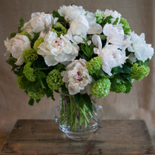 Load image into Gallery viewer, Sympathy Floral Arrangement bouquet white peonies green hydrangea flowers

