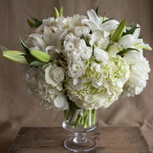 Load image into Gallery viewer, sympathy floral arrangement lilies white ranunculus white hydrangea flowers
