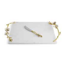 Load image into Gallery viewer, Michael Aram Orchid Large Cheeseboard With Knife white marble, gold and white handles
