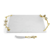Load image into Gallery viewer, Michael Aram Orchid Large Cheeseboard With Knife white marble, gold and white handles
