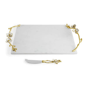 Michael Aram Orchid Large Cheeseboard With Knife white marble, gold and white handles
