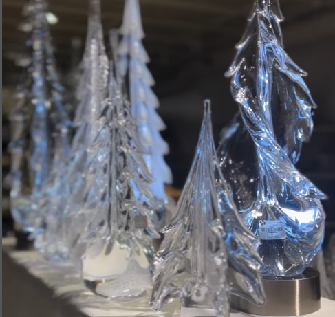 Simon Pearce glass hand spun trees on a display in the Charleston Street store in Augusta, Georgia