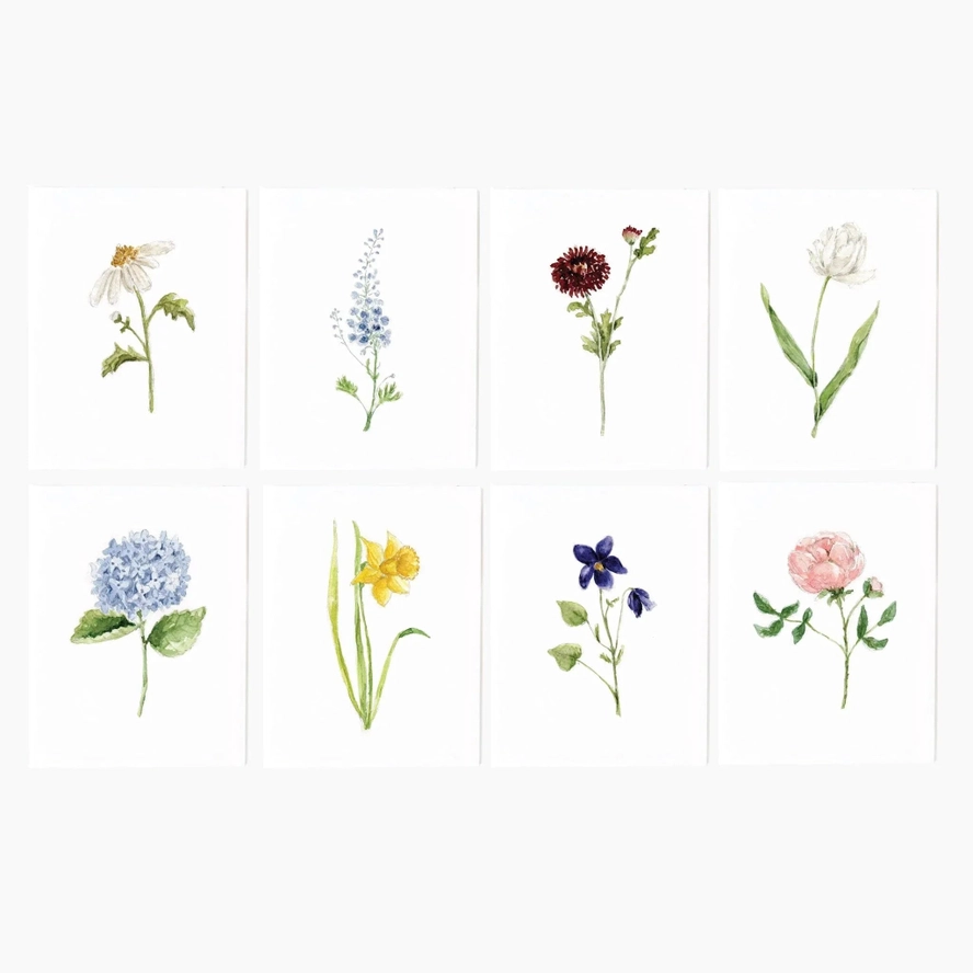  watercolor paintings of various flowers on notecards