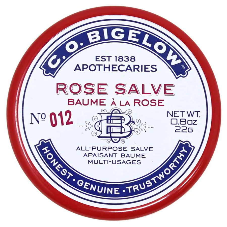 C. O. Bigelow Rose Salve container with red and blue label