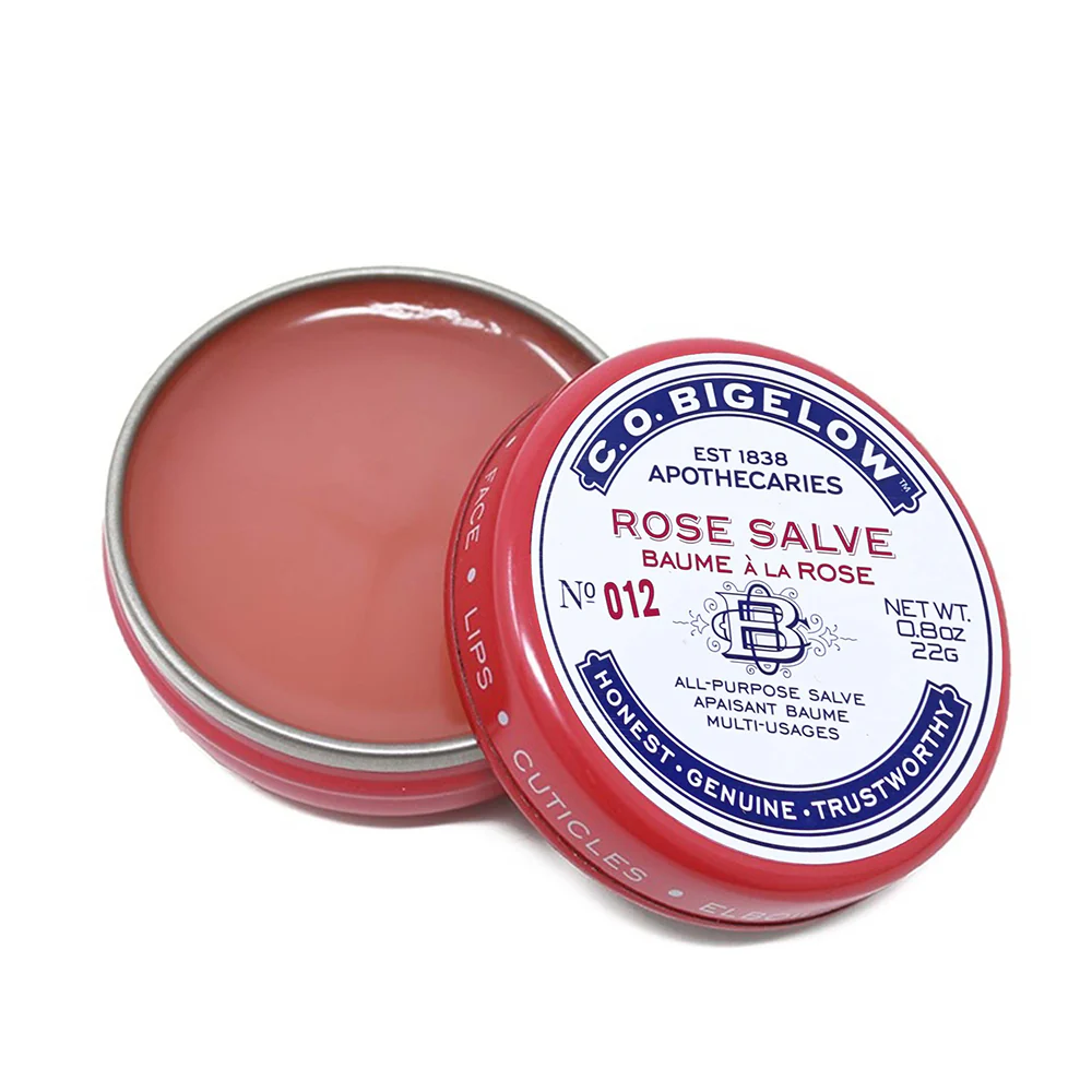 C.O. Bigelow Rose Salve in an open red tin