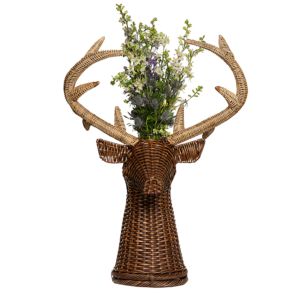 Wicker deer head vase with floral arrangement 