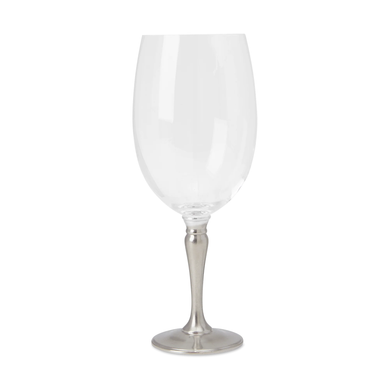 a large wine glass with a pewter stem