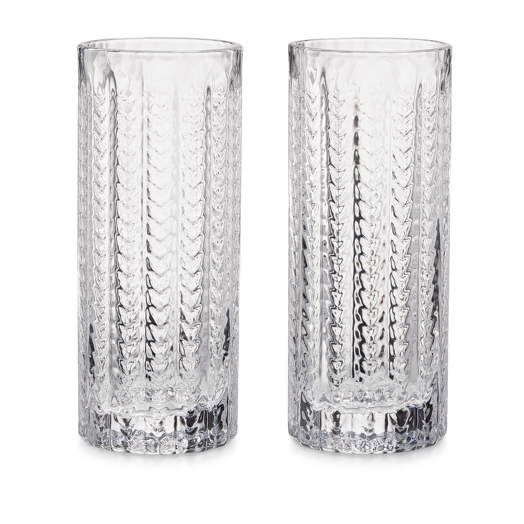 Two clear textured drinking glasses with vertical diamond-cut patterns, shown side by side on a white background.
