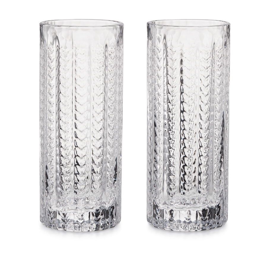Two clear textured drinking glasses with vertical diamond-cut patterns, shown side by side on a white background.