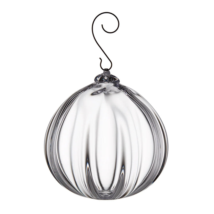 Clear glass hanging ornament with vertical ribbed detailing and a black metal hanging hook