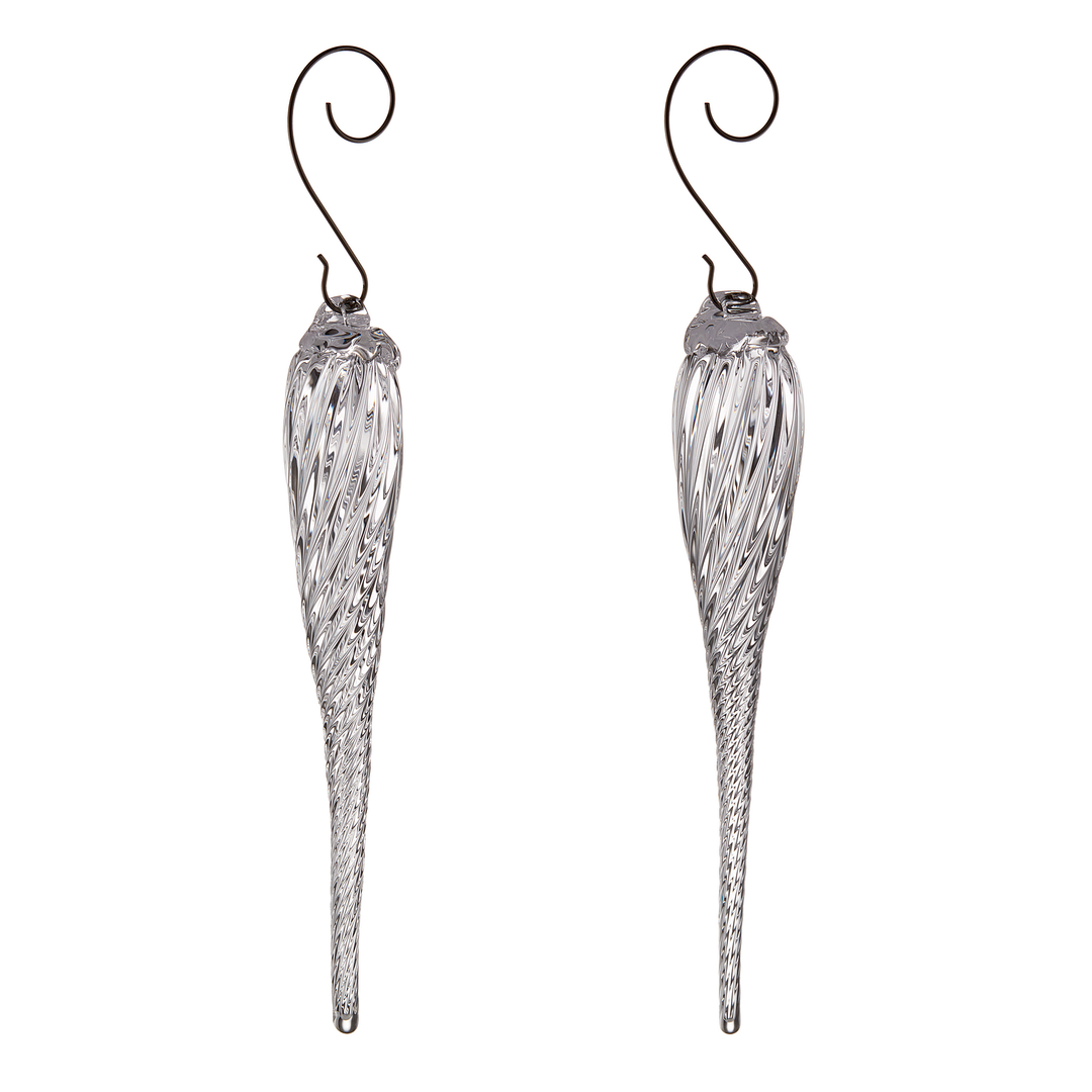 A pair of  glass icicle ornaments with twisted textured bodies and dark metal spiral hooks