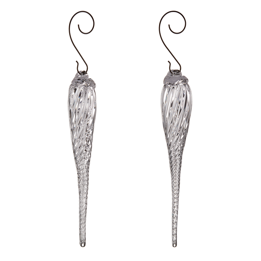 A pair of  glass icicle ornaments with twisted textured bodies and dark metal spiral hooks