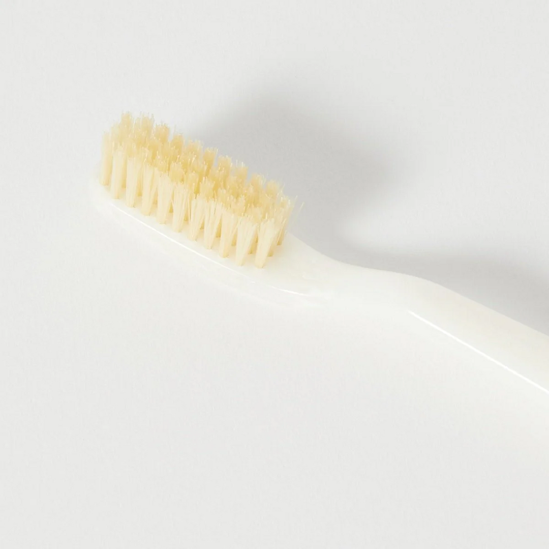 Close-up of a white toothbrush with beige bristles