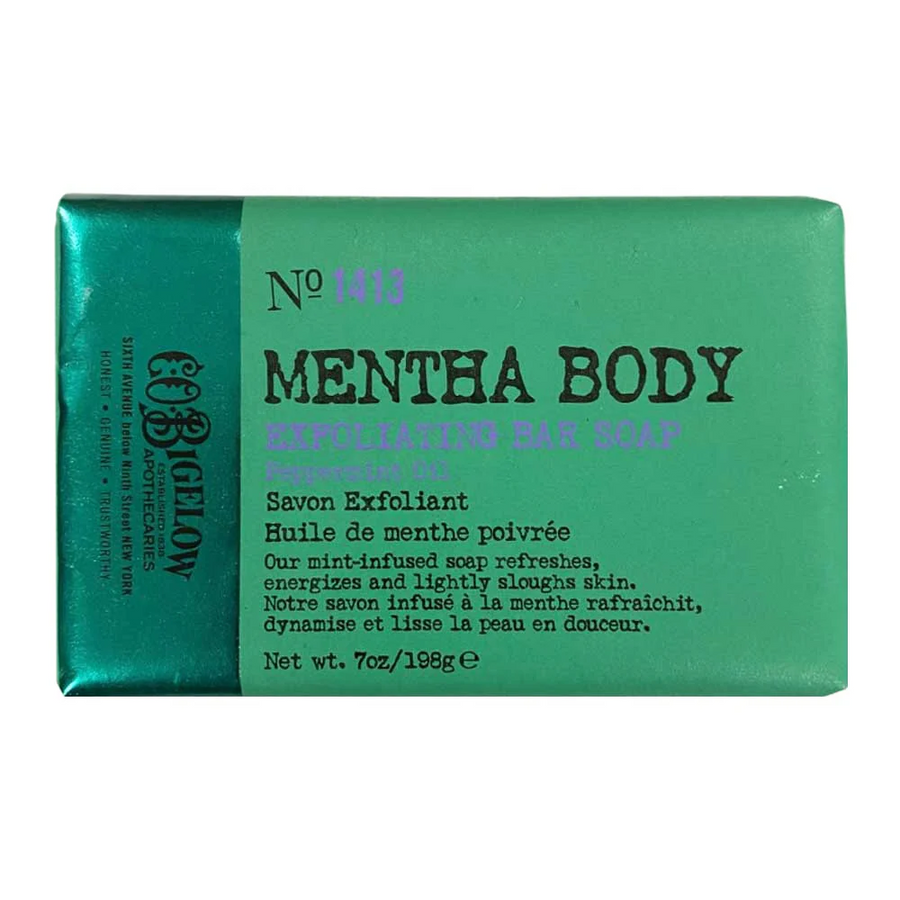 Green soap bar wrapped in green paper that reads "Mentha Body Exfoliating Bar Soap"