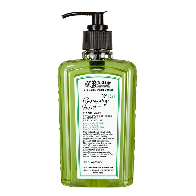 Green Rosemary mint hand wash bottle with pump and label