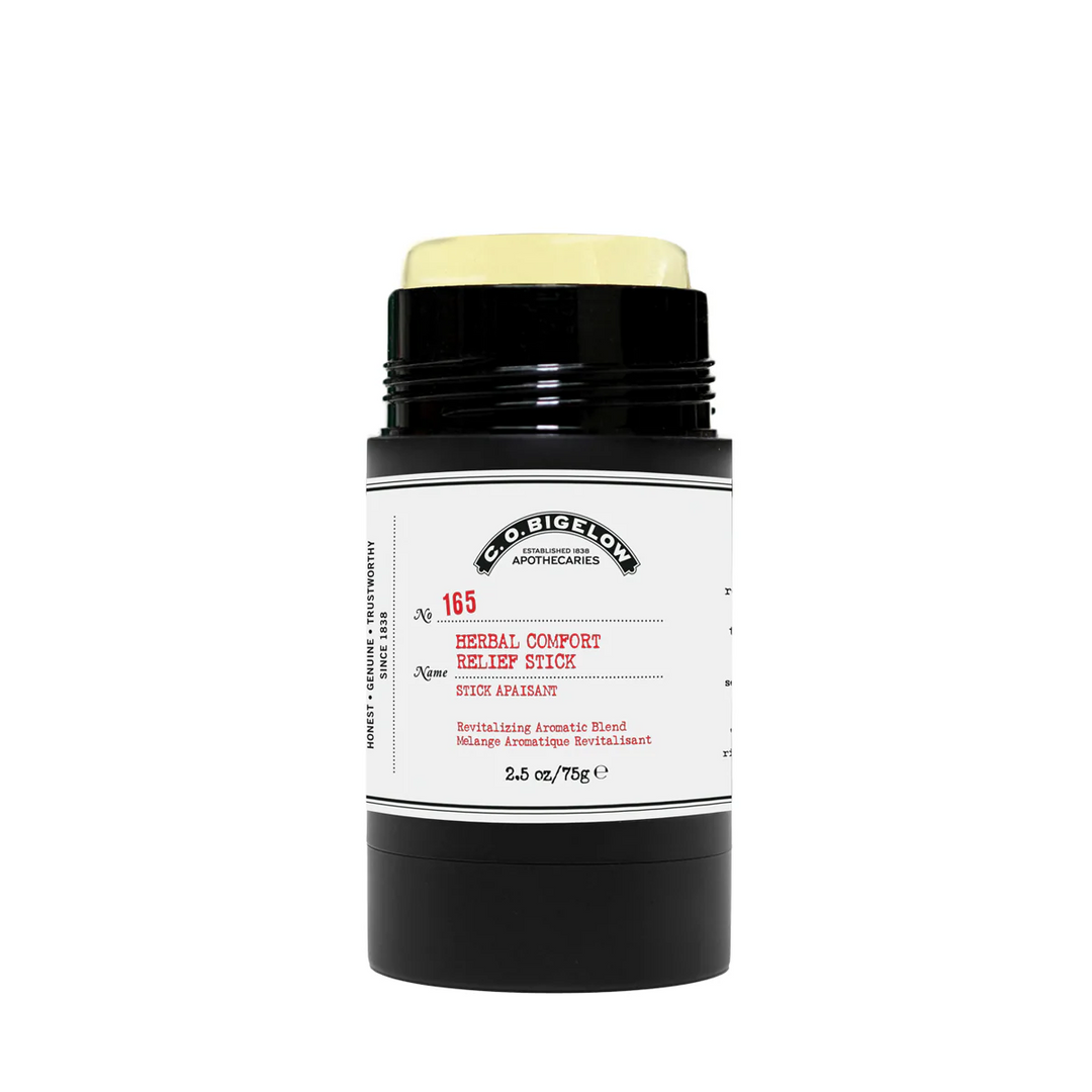 A black conatiner with a white product showing at the top labelled "co bigelow herbal comfort relief stick