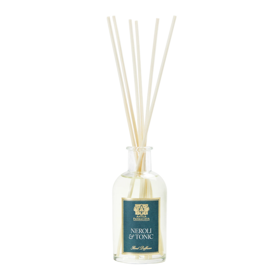 Reed diffuser with 'Antica Farmacista - Neroli & Tonic' label 