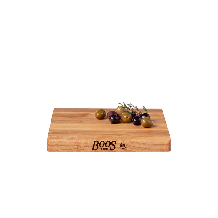 Wooden cutting board with 'Boos Block' branding