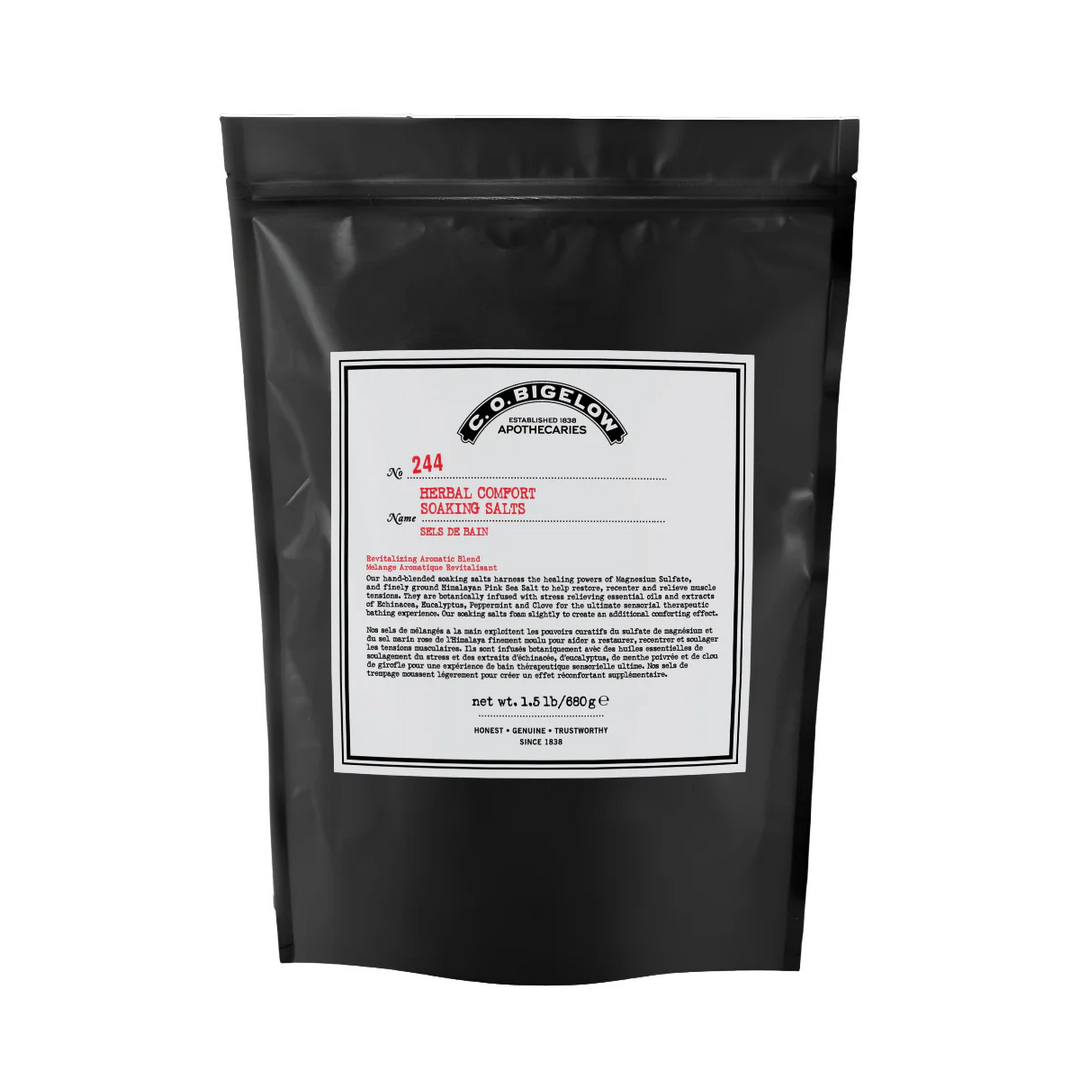Black bag of C.O. Bigelow Apothecaries Herbal Comfort soaking salts with a label 
