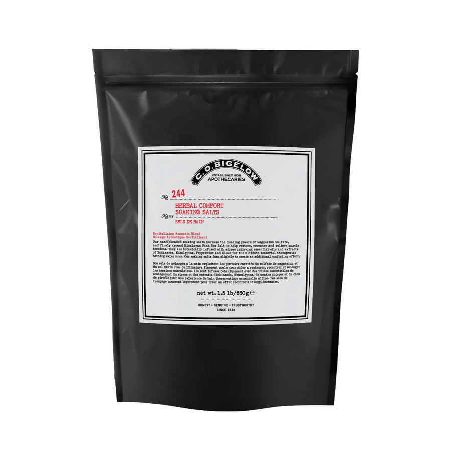 Black bag of C.O. Bigelow Apothecaries Herbal Comfort soaking salts with a label 