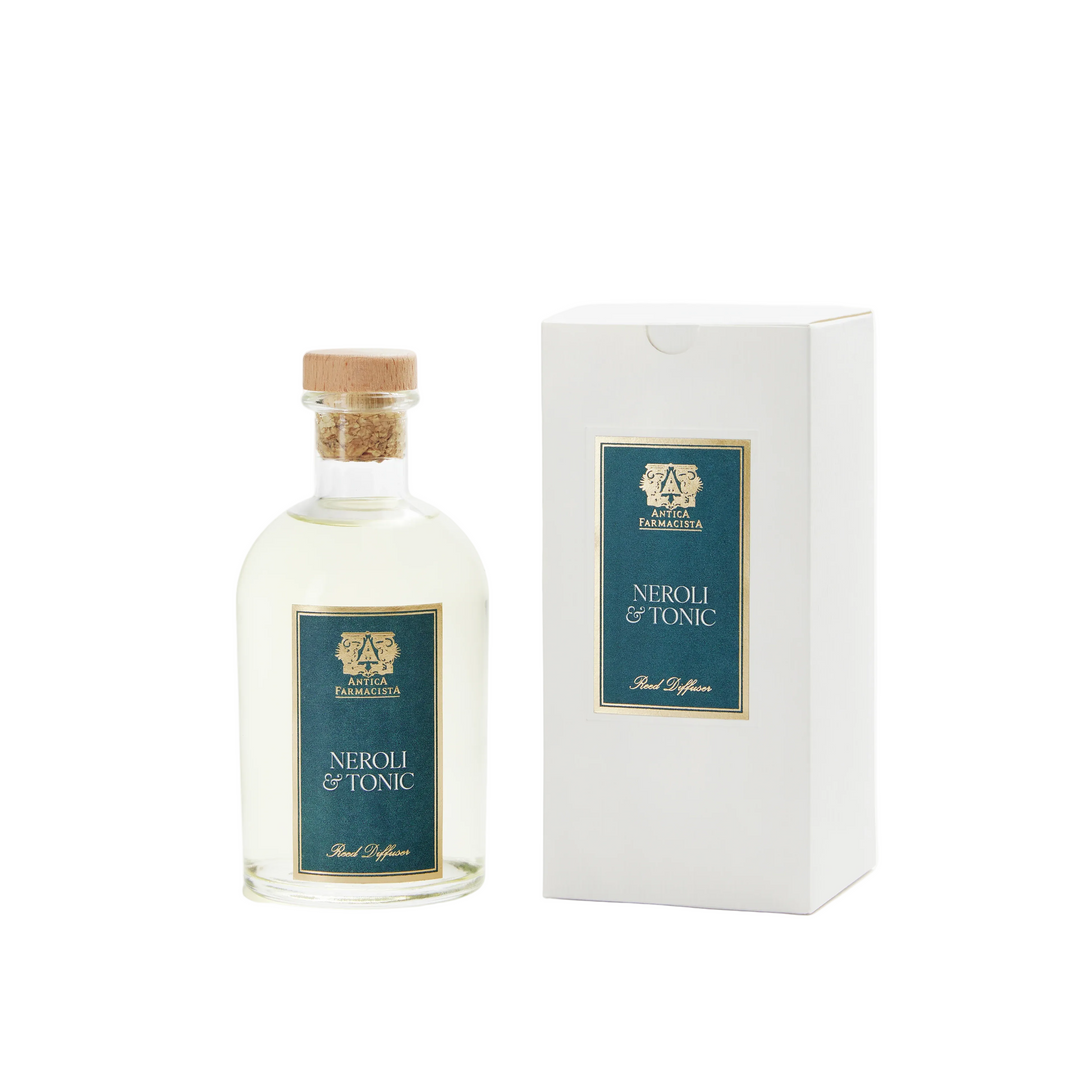 Bottle of 'Antica Farmacista Neroli & Tonic' diffuser with cork lid and matching box