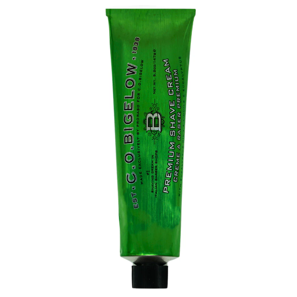 Green tube of C.O. Bigelow premium shave cream 