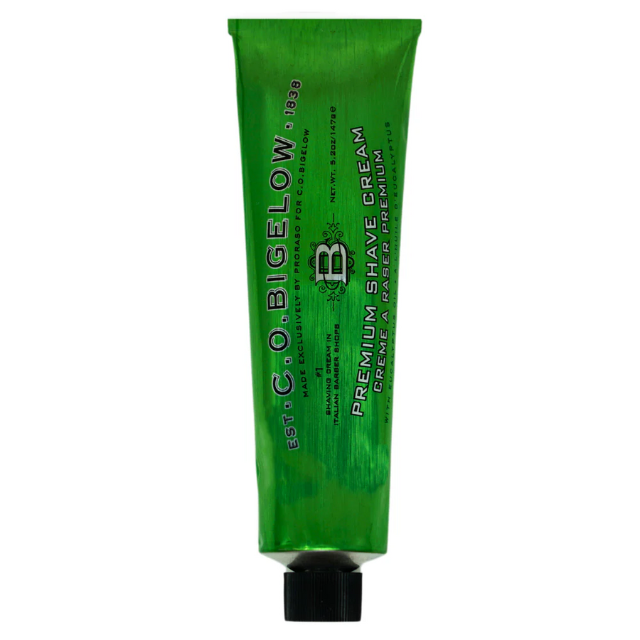 Green tube of C.O. Bigelow premium shave cream 