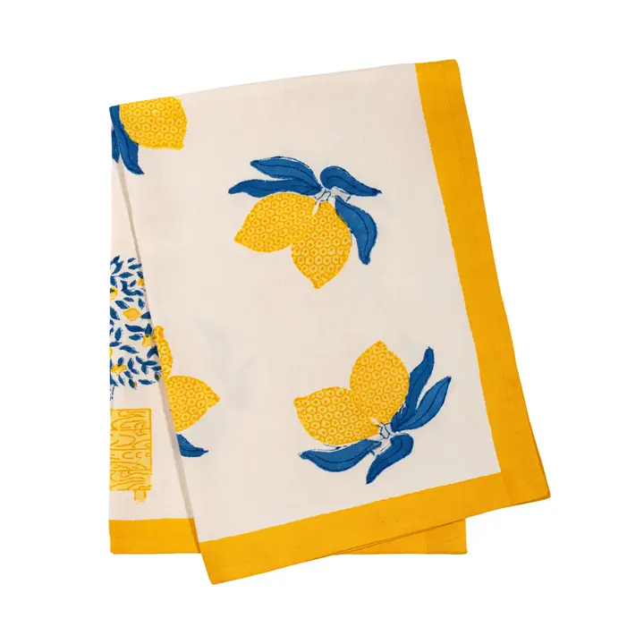 Folded napkin with Yellow and Blue lemon design on a white background