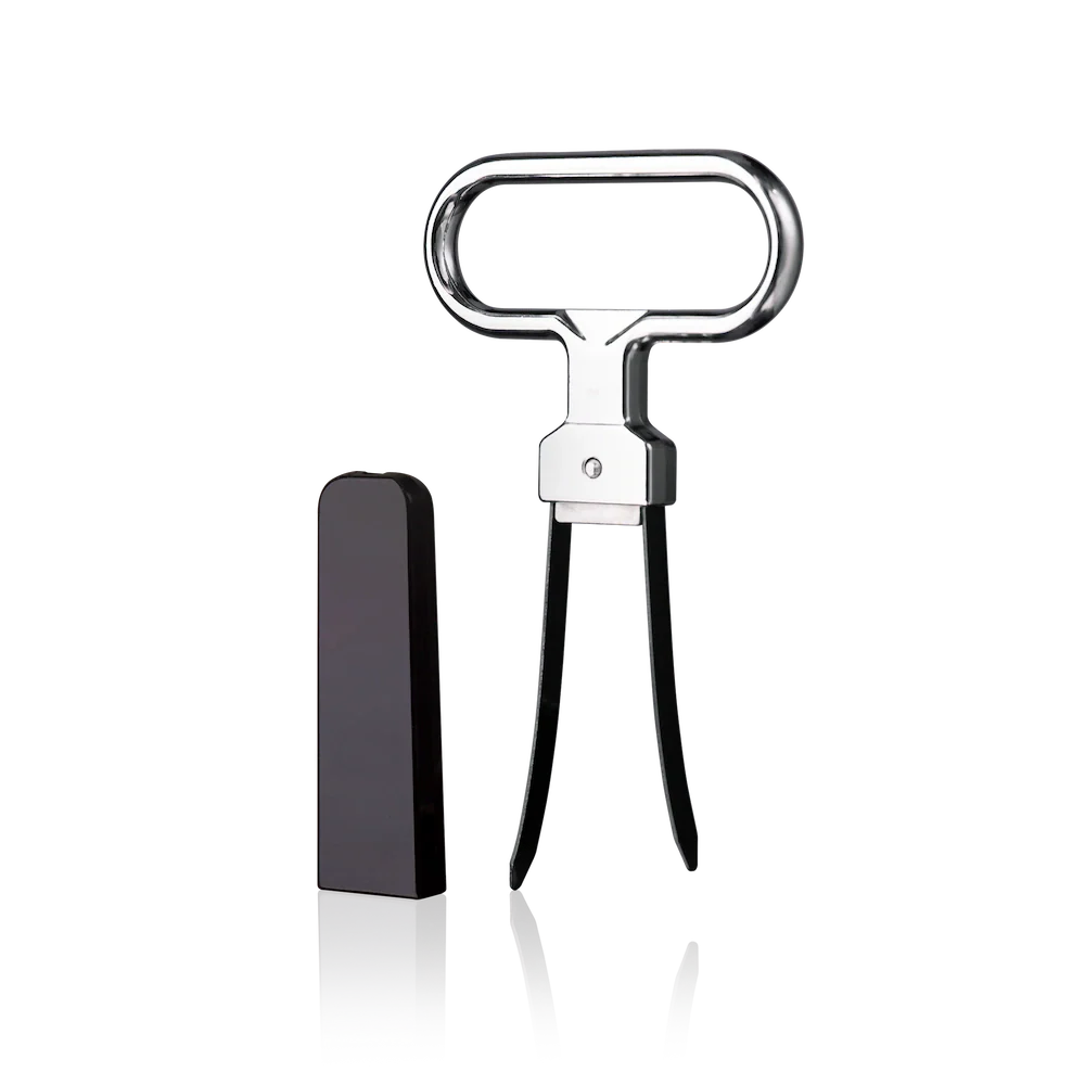 Metallic wine bottle opener with black carrying case on a white background