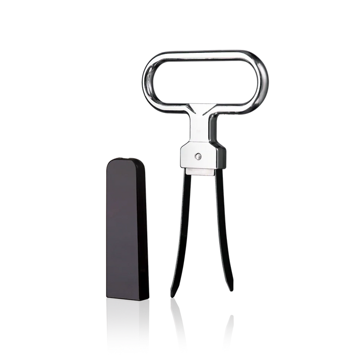 Metallic wine bottle opener with black carrying case on a white background