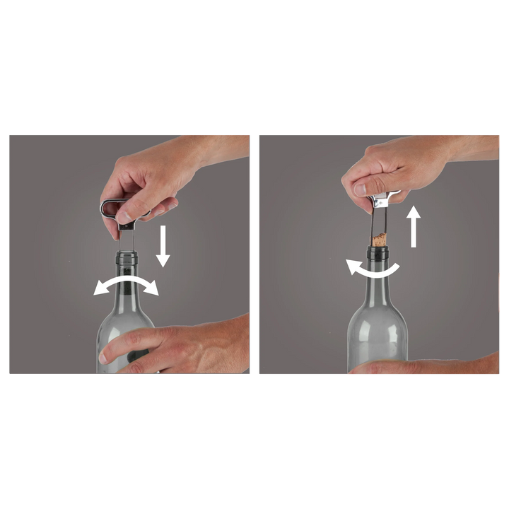 Two-step process of using a bottle opener on a corked bottle with arrows indicating the action.