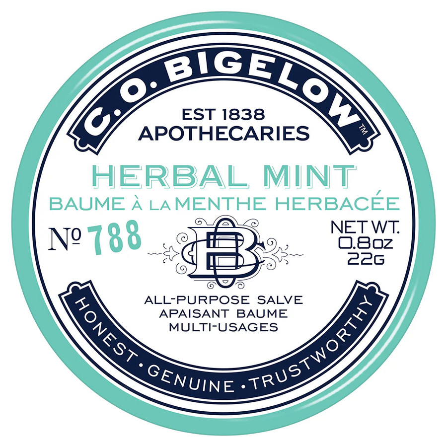 C. O. Bigelow Apothecaries Herbal Mint balm tin in a blueish mint green