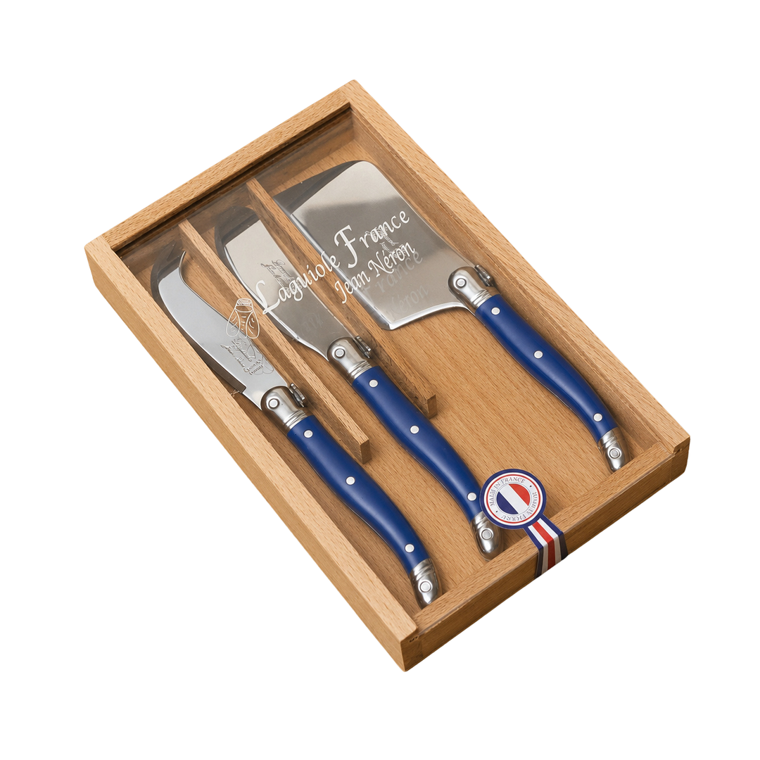 Laguiole French Blue Mini Cheese Knives in Wooden Box w/ Acrylic Lid
