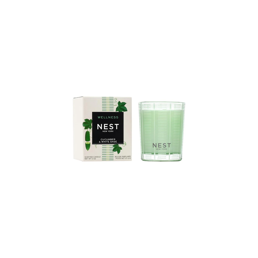 Nest Wellness Cucumber and White Sage votive candle and packaging 