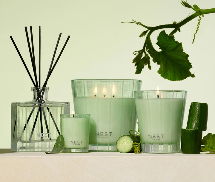 Green nest cucumber and white sage votice, classic, and three wick candles with a reed diffuser sitting ith decorative cucumbers and vines