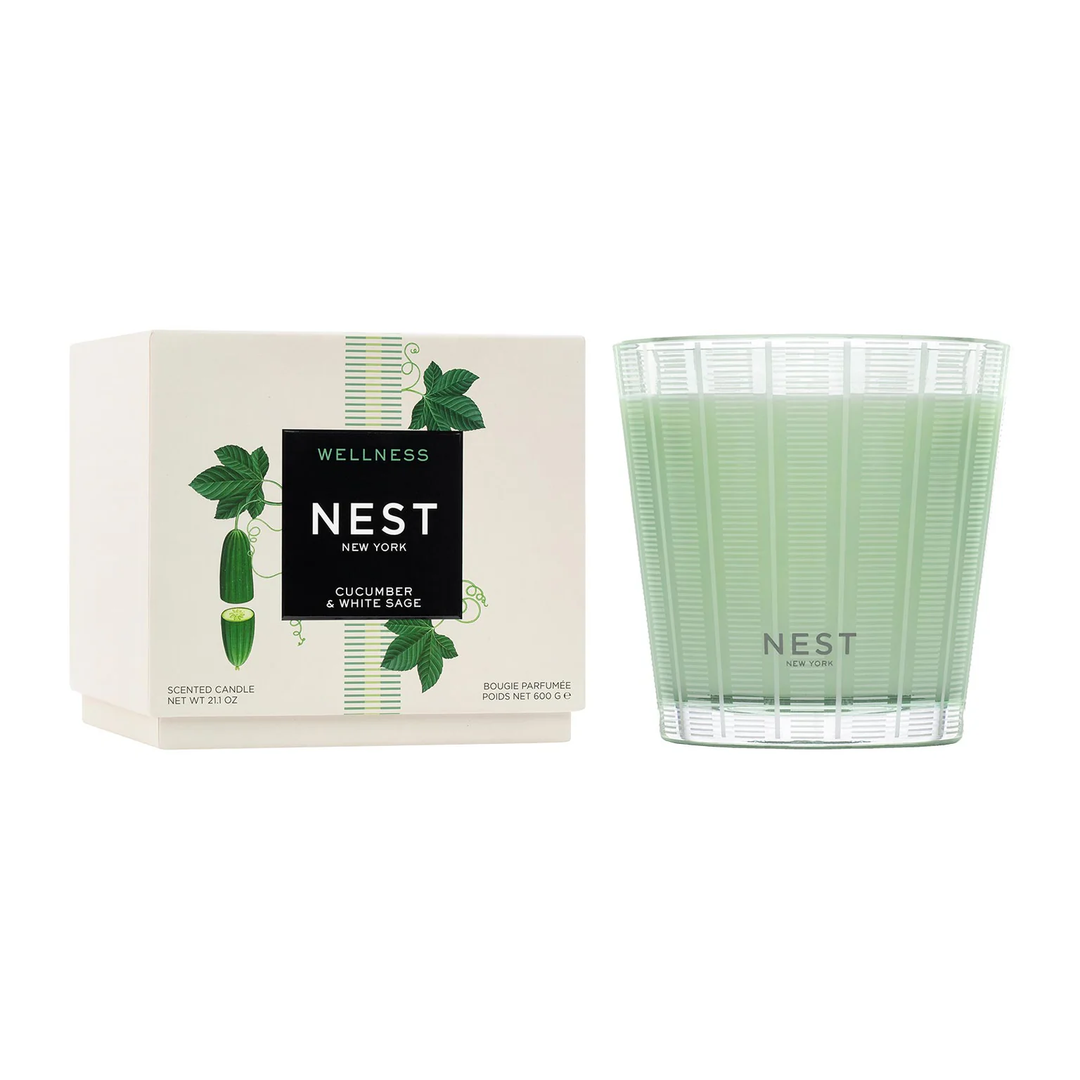 Nest New York wellness  cucumber and white sage three wick candle and packaging 