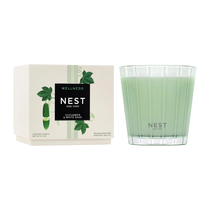 Nest New York wellness  cucumber and white sage three wick candle and packaging 