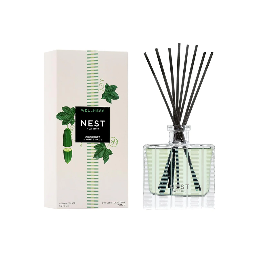 Nest cucumber and white sage reed diffuser with packaging 