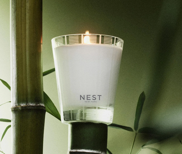 Nest bamboo classic candle in a natural setting with bamboo and leaves.