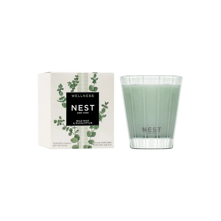 NEST wellness Wild Mint and Eucalyptus classic candle and packaging on a white background