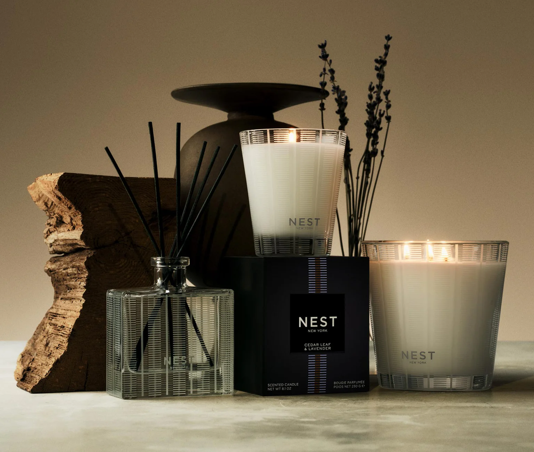 NEST Cedar Leaf and Lavender candles and diffuser set with decorative pieces