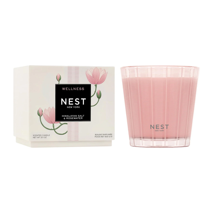 Nest Himalayan Salt and rosewater 3 wick candle next to its packaging
