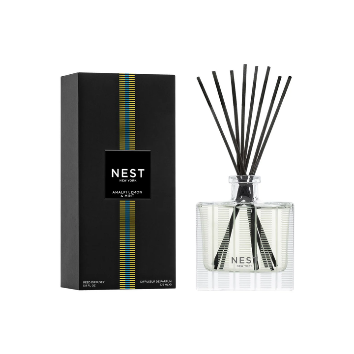 Nest Amalfi lemon and mint diffuser packaging with black box and clear bottle