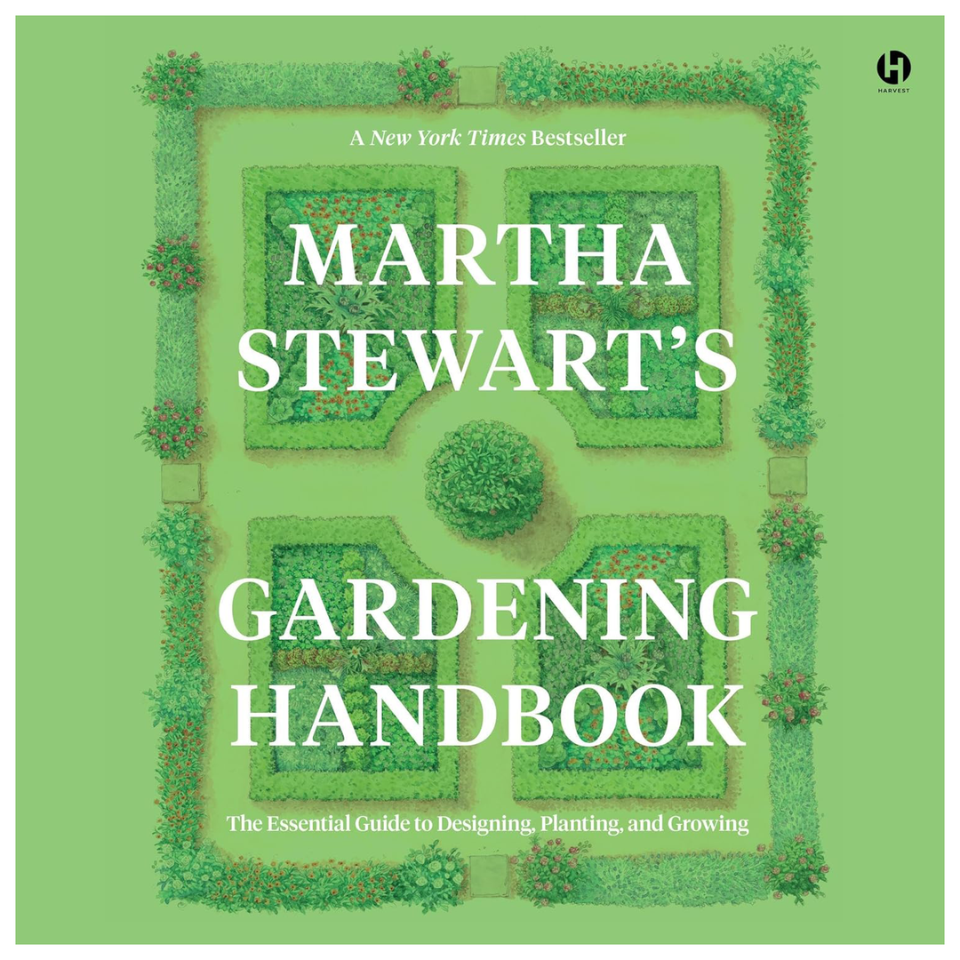 Book cover of 'Martha Stewart's Gardening Handbook' with a green background and garden design.